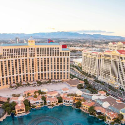 Captivating aerial photo of Las Vegas featuring iconic Bellagio and Caesar's Palace at sunset.