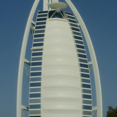 High-angle view of Burj Al Arab hotel, an iconic landmark in Dubai, UAE.