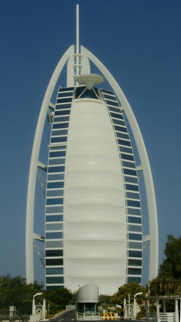 High-angle view of Burj Al Arab hotel, an iconic landmark in Dubai, UAE.